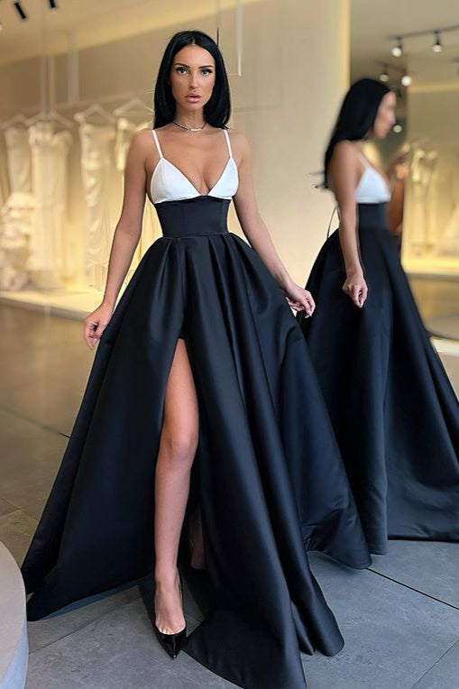 Elegant Spaghetti-Straps Black and White Prom Dress Long With Slit-Ballbella