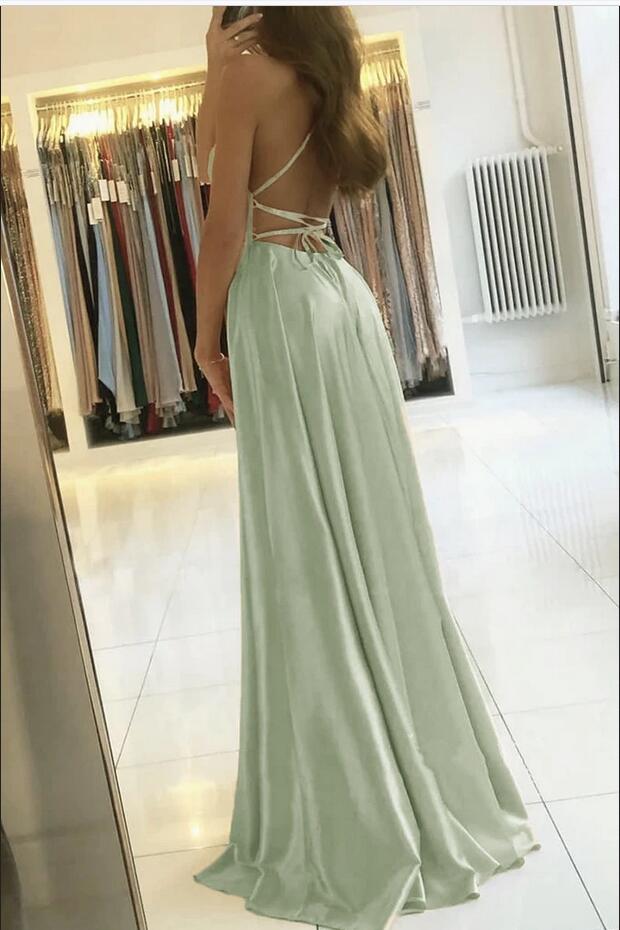 Elegant Spaghetti-Straps Long Prom Dress With Split-Ballbella