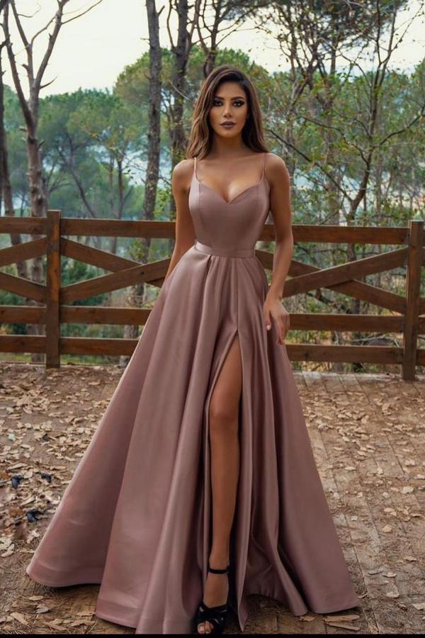 Elegant Spaghetti-Straps V-Neck Prom Dress Long With Split-Ballbella
