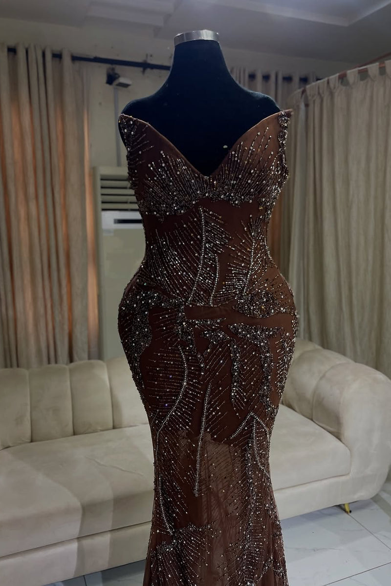 Elegant Sparkle Brown Mermaid Court Train V-neck Sleeveless Prom Dresses