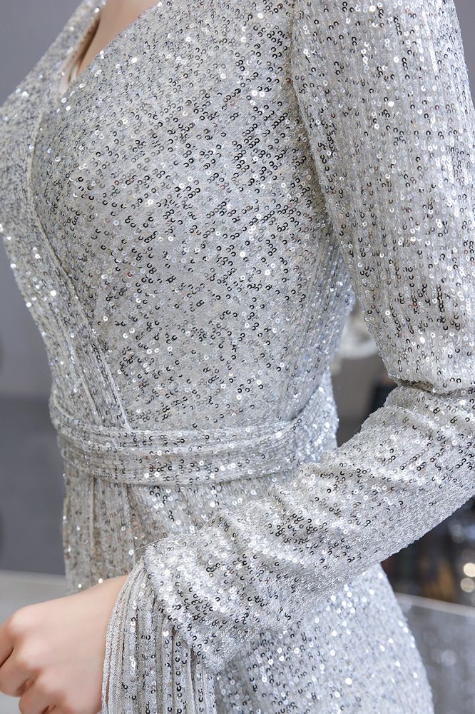 Sparkling Sequins Long Sleeve Burgundy Evening Dress main image 1
