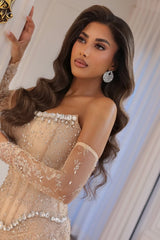 Elegant Strapless Gem Prom Dresses Detachable Sleeves Side Split With Beads-Ballbella