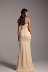 Elegant Strapless Sleeveless Satin Mermaid Prom Dresses Column Pleats With Zipper-Ballbella