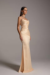 Elegant Strapless Sleeveless Satin Mermaid Prom Dresses Column Pleats With Zipper-Ballbella