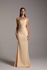 Elegant Strapless Sleeveless Satin Mermaid Prom Dresses Column Pleats With Zipper-Ballbella