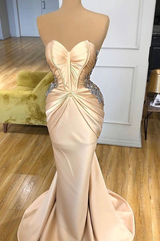 Elegant Sweetheart Champagne Prom Dress Mermaid Long With Crystals-Ballbella