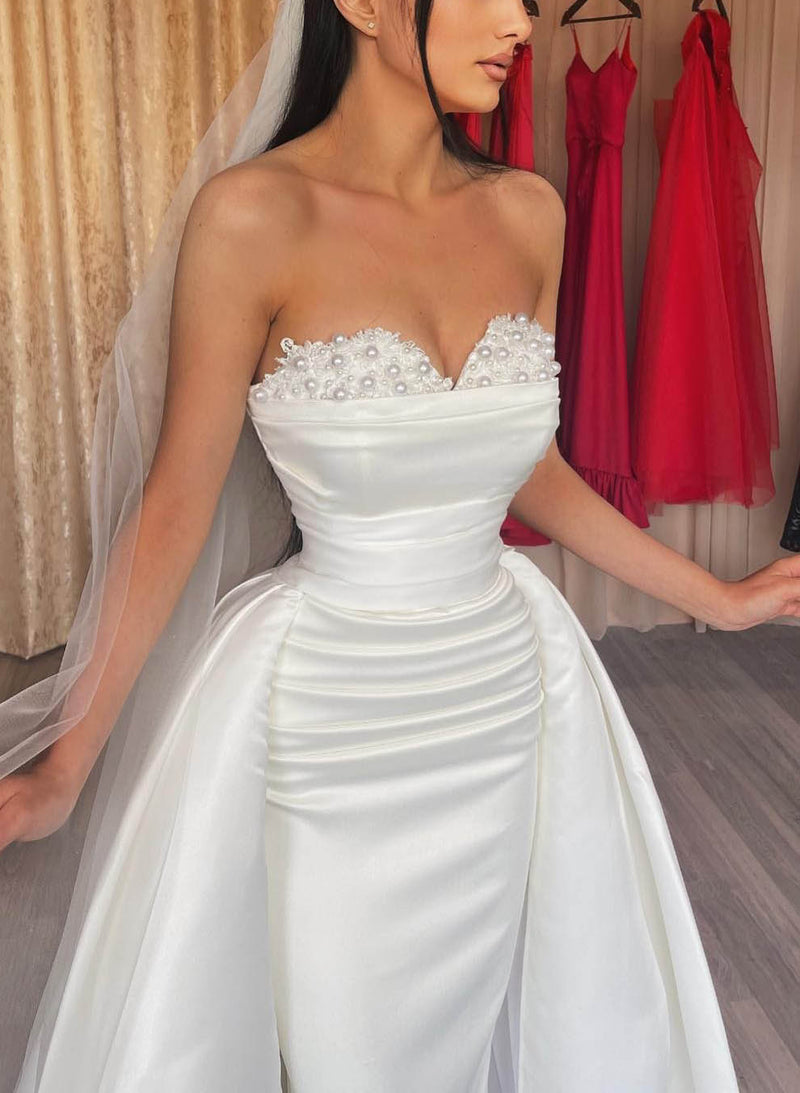 Elegant Sweetheart Detachable Train Lace Sleeves Wedding Dresses-Ballbella
