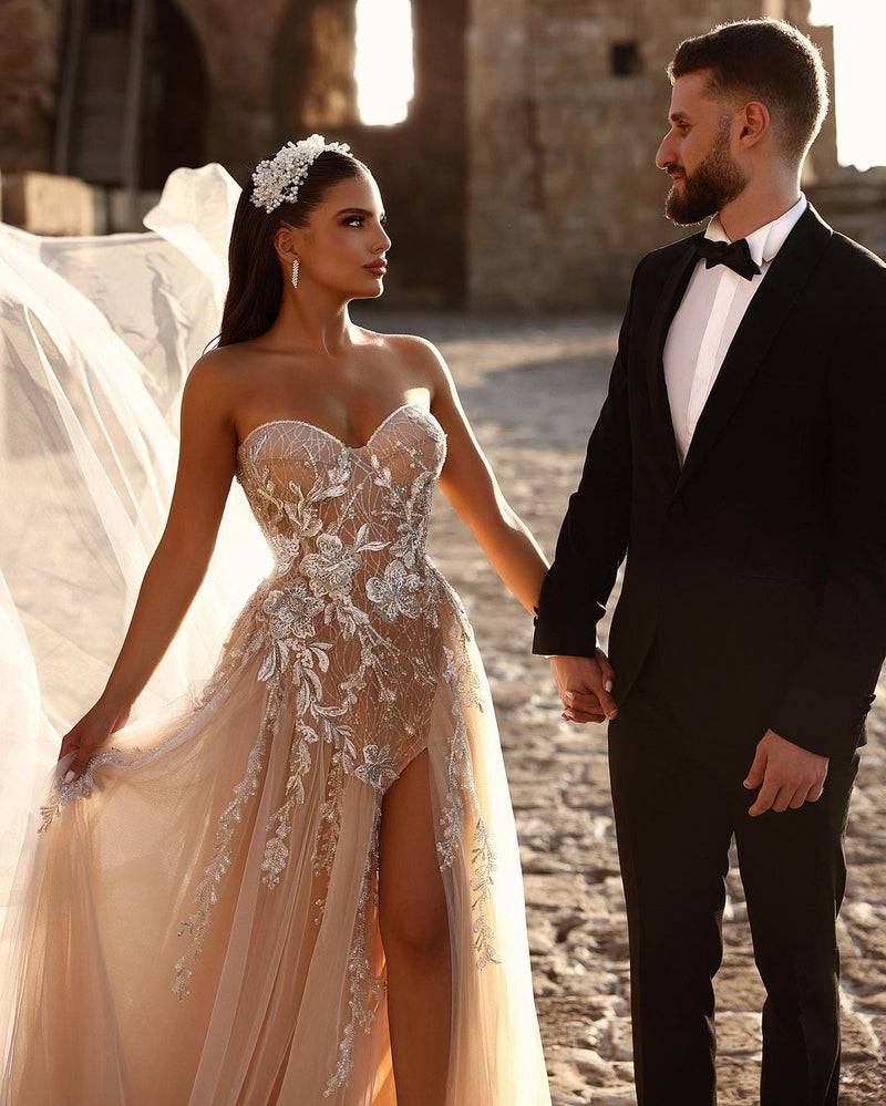 Elegant Sweetheart Long Glitter Lace Wedding Dress Long Slit Online Elegant Sweetheart Long Glitter Lace Wedding Dress Long Slit Online