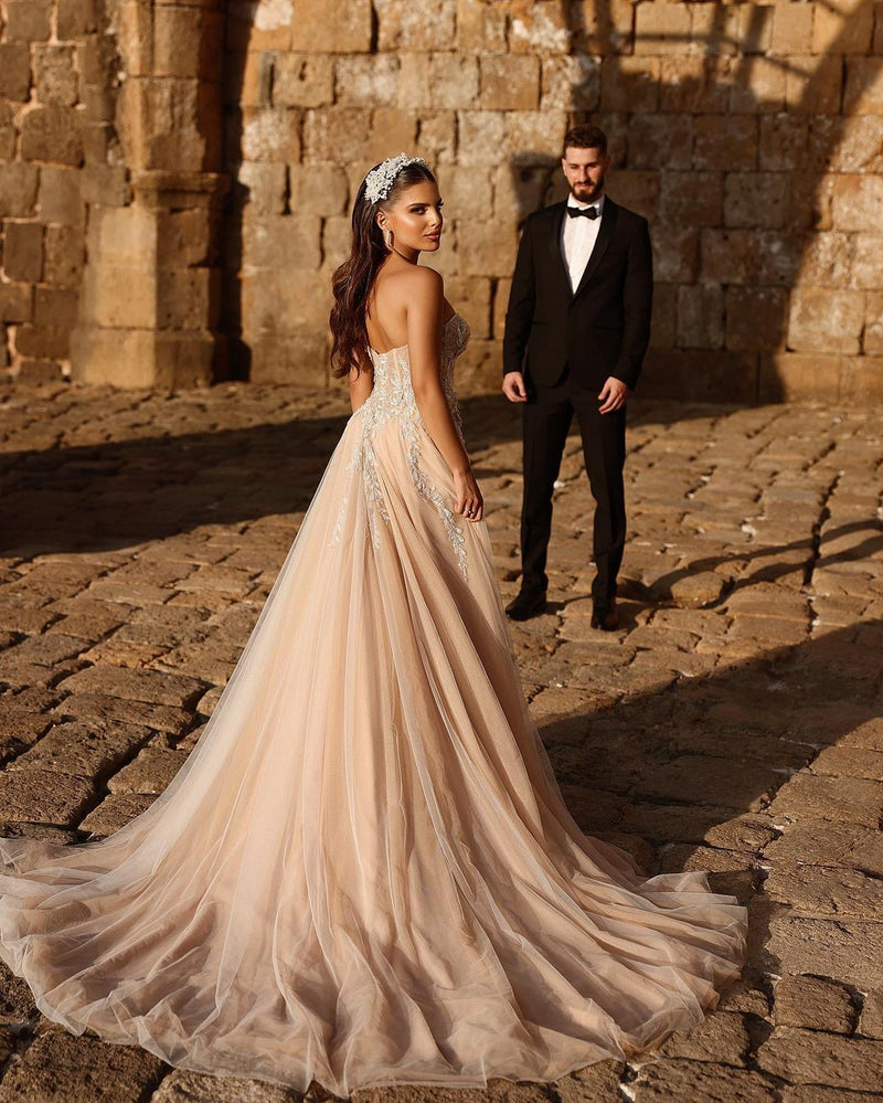Elegant Sweetheart Long Glitter Lace Wedding Dress Long Slit Online Elegant Sweetheart Long Glitter Lace Wedding Dress Long Slit Online