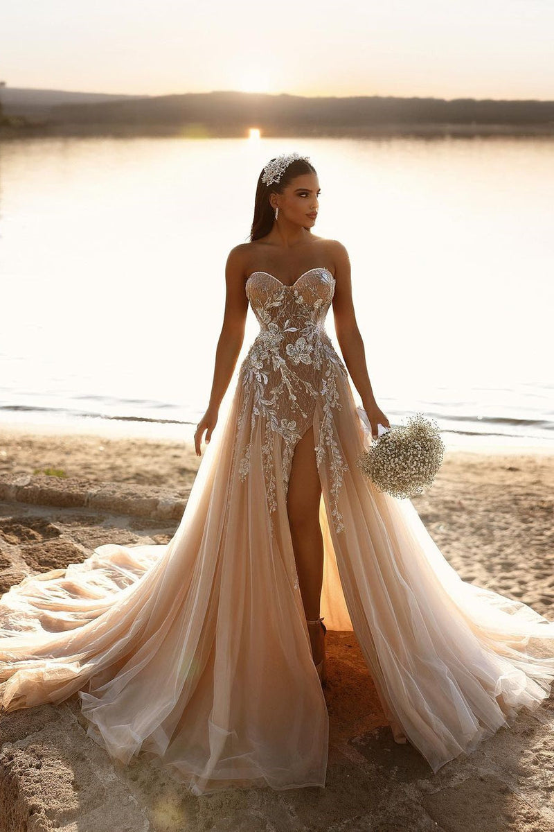 Elegant Sweetheart Long Glitter Lace Wedding Dress Long Slit Online Elegant Sweetheart Long Glitter Lace Wedding Dress Long Slit Online