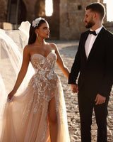 Elegant Sweetheart Long Glitter Lace Wedding Dress Long Slit Online-Ballbella