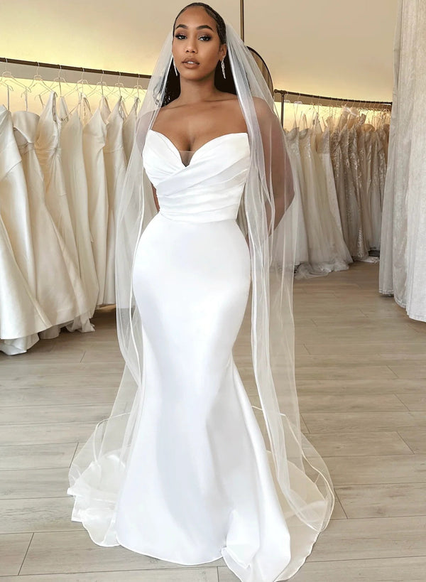 Elegant Sweetheart Mermaid Fitted Wedding Dresses Satin Simplified-Ballbella