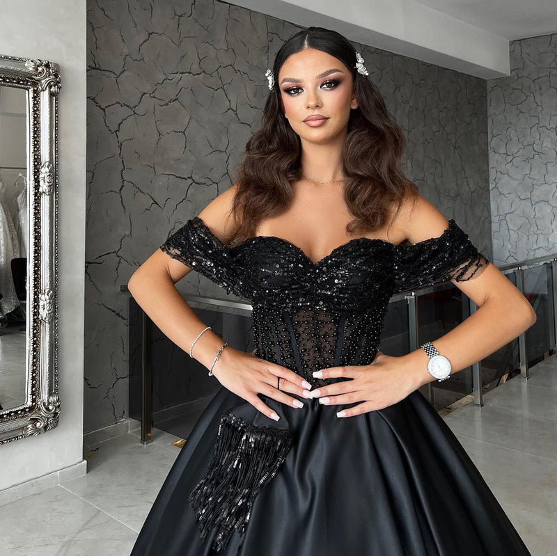 Elegant Sweetheart Off-the-Shoulder Black Prom Dresses with Beads Elegant Sweetheart Off-the-Shoulder Black Prom Dresses with Beads