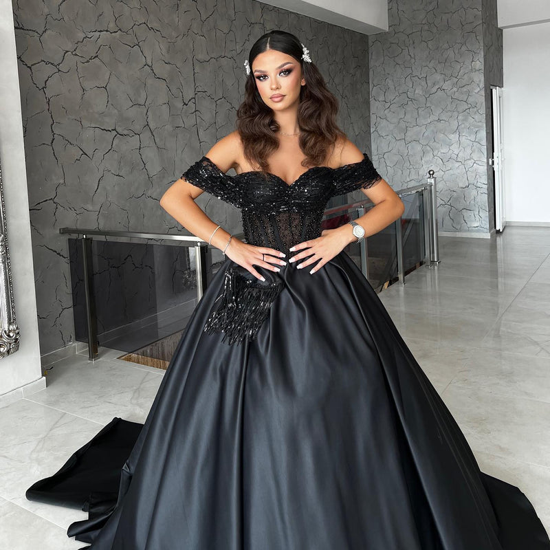 Elegant Sweetheart Off-the-Shoulder Black Prom Dresses with Beads Elegant Sweetheart Off-the-Shoulder Black Prom Dresses with Beads