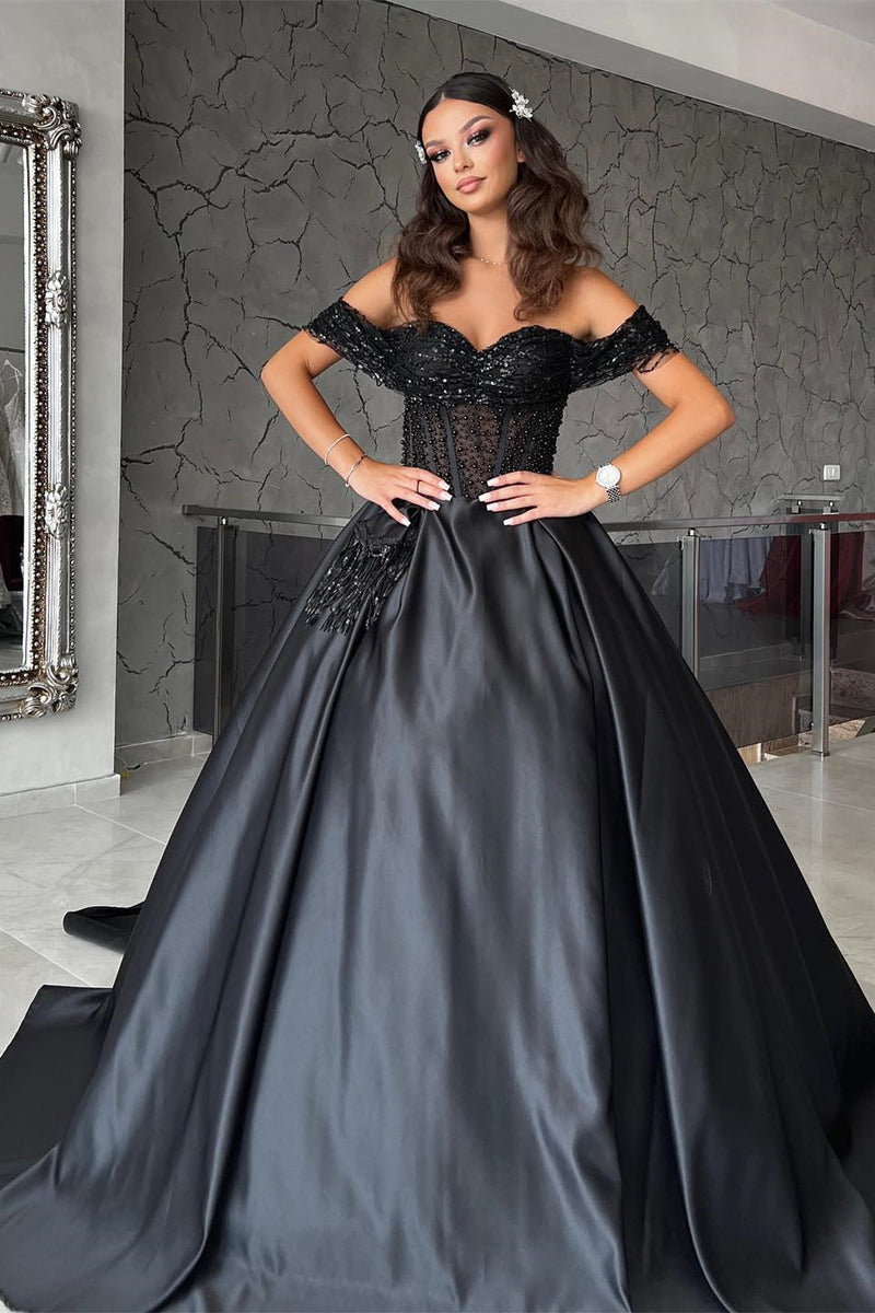 Elegant Sweetheart Off-the-Shoulder Black Prom Dresses with Beads Elegant Sweetheart Off-the-Shoulder Black Prom Dresses with Beads
