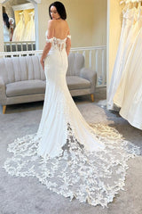 Elegant Sweetheart Off-The-Shoulder Mermaid Wedding Dress Satin Sleeveless zipper Back With Appliques Lace-Ballbella