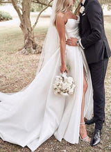 Elegant Sweetheart Satin Sweep Train Wedding Dresses Split Front-Ballbella
