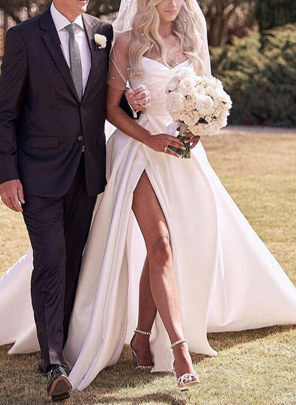 Elegant Sweetheart Satin Sweep Train Wedding Dresses Split Front-Ballbella