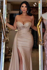 Elegant Sweetheart Strapless Sleeveless Mermaid Prom Dresses Column Beads With Ribbon Zipper-Ballbella