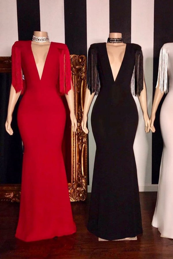 Looking for Prom Dresses, Evening Dresses, Real Model Series in Satin,  Column style,  and Gorgeous work? Ballbella has all covered on this elegant Elegant Tassels Cap Sleeves V-neck Long Mermaid Formal Dresses.