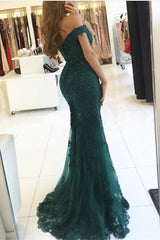 Elegant Tulle Off-the-shoulder Green Mermaid Evening Dress Sequins Lace Long-Ballbella
