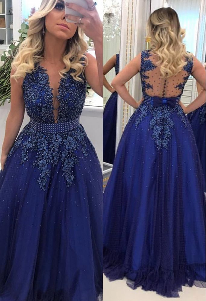 Ballbella offers new Elegant V-neck Lace Appliques Sleeveless Prom Dresses With Bowknot Beads Waistband Royal Blue Floor Length Beading Evening Gowns at cheap prices. It is a gorgeous A-line Prom Dresses, Evening Dresses in Tulle, Lace,  which meets all your requirement.