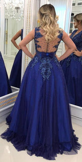 Ballbella offers new Elegant V-neck Lace Appliques Sleeveless Prom Dresses With Bowknot Beads Waistband Royal Blue Floor Length Beading Evening Gowns at cheap prices. It is a gorgeous A-line Prom Dresses, Evening Dresses in Tulle, Lace,  which meets all your requirement.