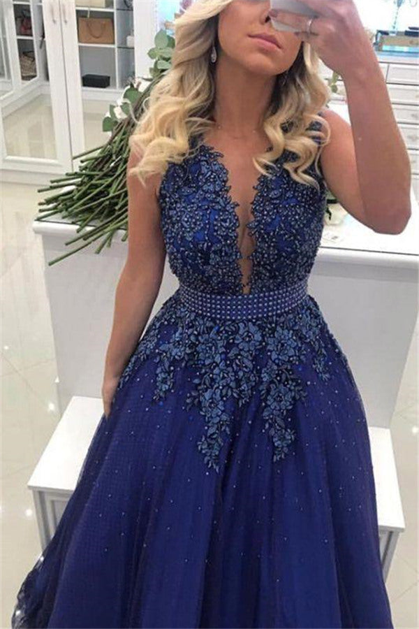 Elegant V-neck Lace Appliques Sleeveless Prom Dresses With Bowknot Beads Waistband Royal Blue Floor Length Beading Evening Gowns-Ballbella