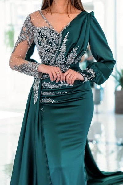 Elegant V-neck Long Sleeves Mermaid Prom Dresses With Ruffles Long Elegant V-neck Long Sleeves Mermaid Prom Dresses With Ruffles Long