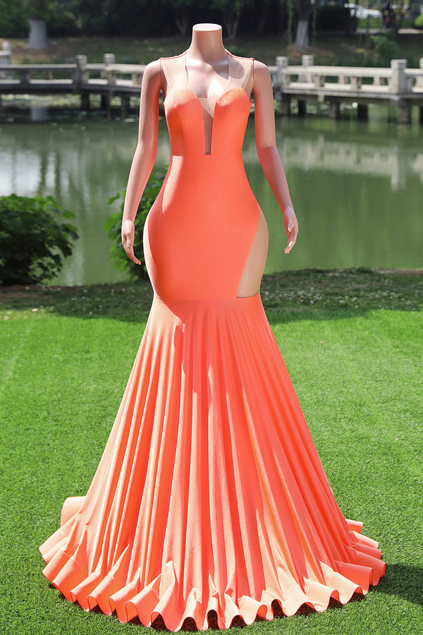 Elegant V-neck Orange Open Back Mermaid Floor Length Prom Dresses Elegant V-neck Orange Open Back Mermaid Floor Length Prom Dresses
