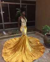 This beautiful Elegant V-Neck Sleeveless Mermaid Appliques Yellow Prom Party Gownswill make your guests say wow. The V-neck bodice is thoughtfully lined,  and the skirt with Appliques to provide the airy,  flatter look.