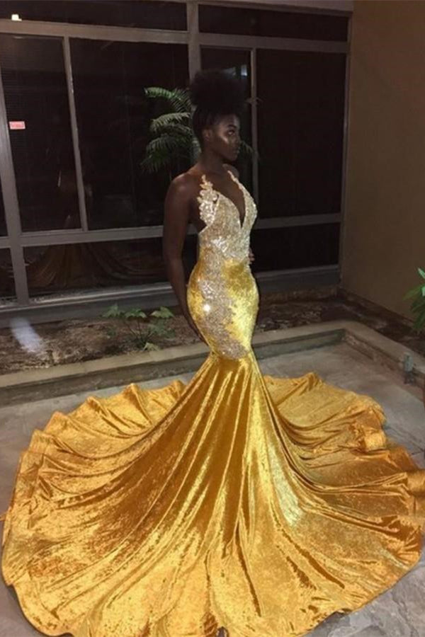 Elegant V-Neck Sleeveless Mermaid Appliques Yellow Prom Party Gowns-Ballbella