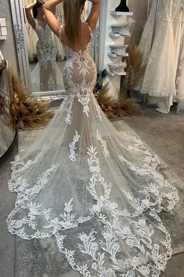 Elegant V-Neck Sleeveless Mermaid Lace Wedding Dress-Ballbella