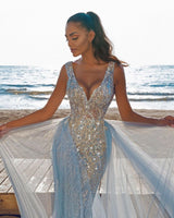 Ballbella offers Elegant V-Neck Slim Prom Party Gowns with Detachable Train Mermaid Evening Dress at a good price. Browse Satin material to Mermaid Floor-length hem.. Elegant yet affordable Sleeveless Prom Dresses online.
