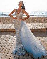 Ballbella offers Elegant V-Neck Slim Prom Party Gowns with Detachable Train Mermaid Evening Dress at a good price. Browse Satin material to Mermaid Floor-length hem.. Elegant yet affordable Sleeveless Prom Dresses online.