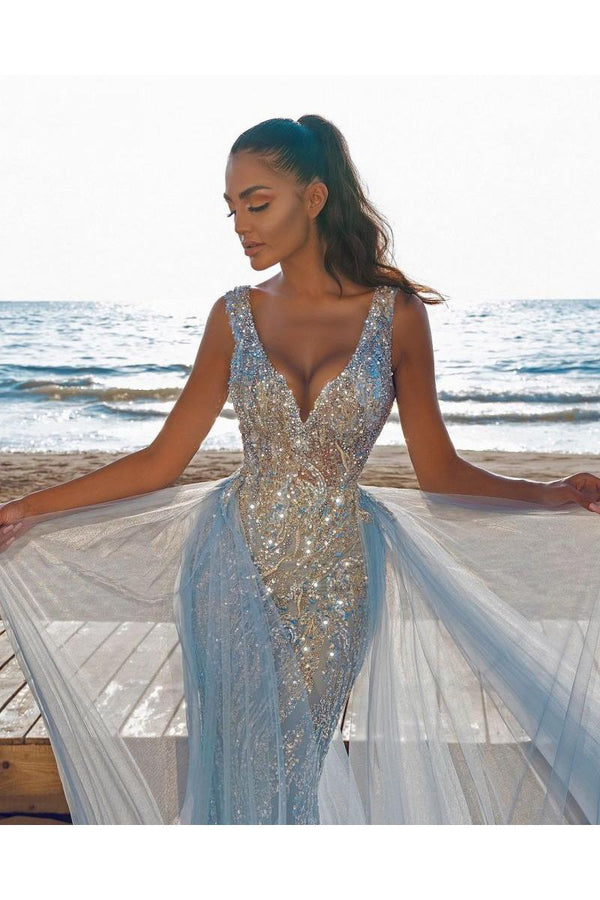 Elegant V-Neck Slim Prom Party Gowns with Detachable Train Mermaid Evening Dress-Ballbella