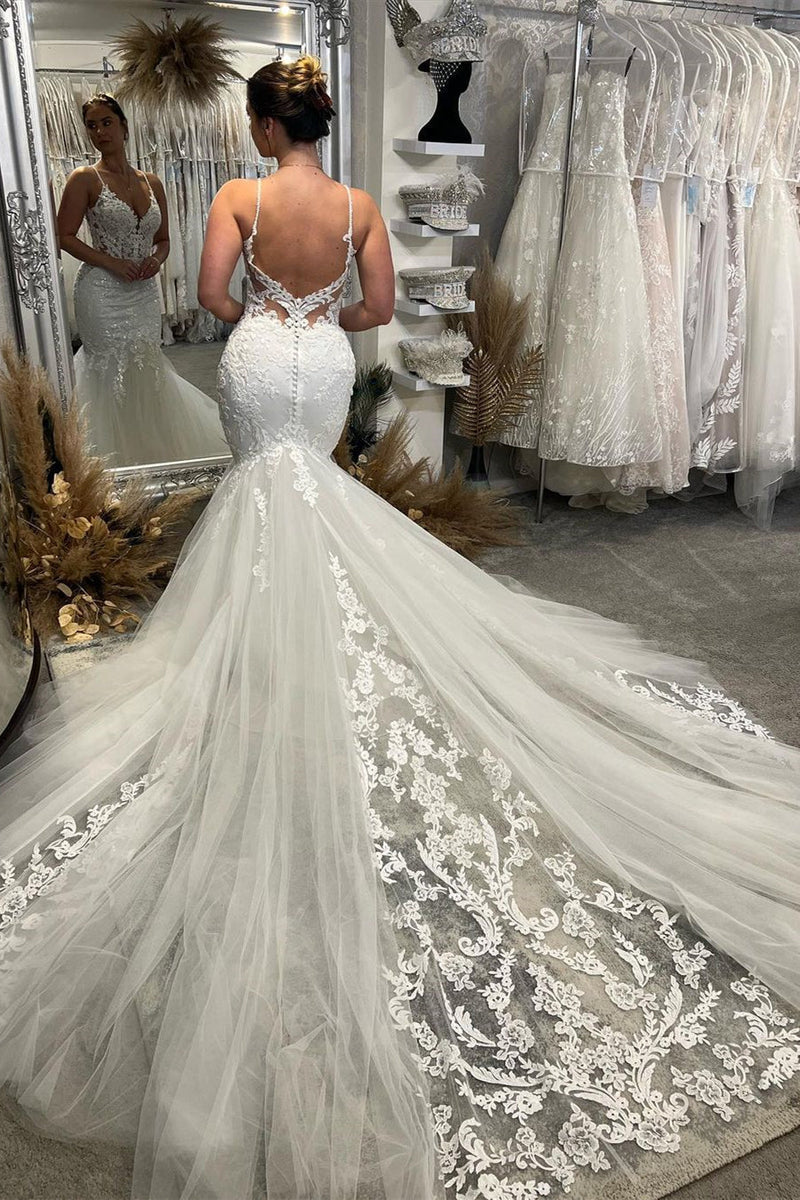 Elegant V-Neck Spaghetti Straps Sleeveless Mermaid Wedding Dress-Ballbella
