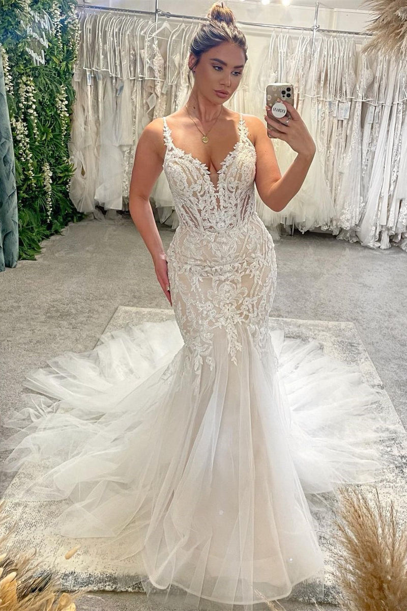 spaghetti strap v neck mermaid wedding dress Spaghetti Strap Mermaid Pleated Deep V-Neck Wedding Dress