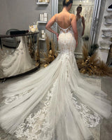 Elegant V-Neck Spaghetti Straps Sleeveless Mermaid Wedding Dress-Ballbella