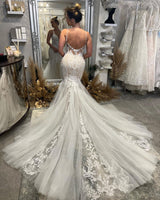 Elegant V-Neck Spaghetti Straps Sleeveless Mermaid Wedding Dress-Ballbella