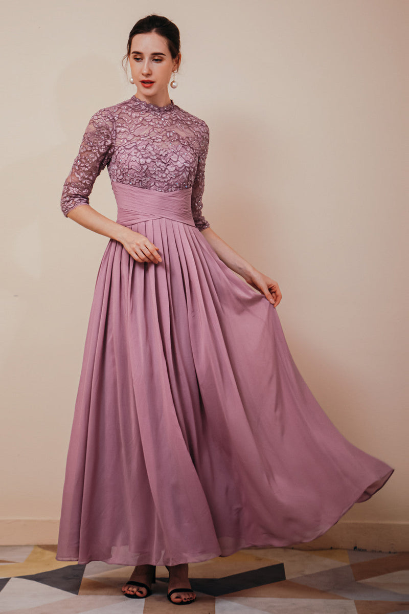 Elegant Violet 3/4 sleeves High waist Beaded Lace Chiffon Evening Dress, Violet / US2 Elegant Violet 3/4 sleeves High waist Beaded Lace Chiffon Evening Dress, Violet / US2