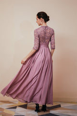 Elegant Violet 3/4 sleeves High waist Beaded Lace Chiffon Evening Dress-Ballbella