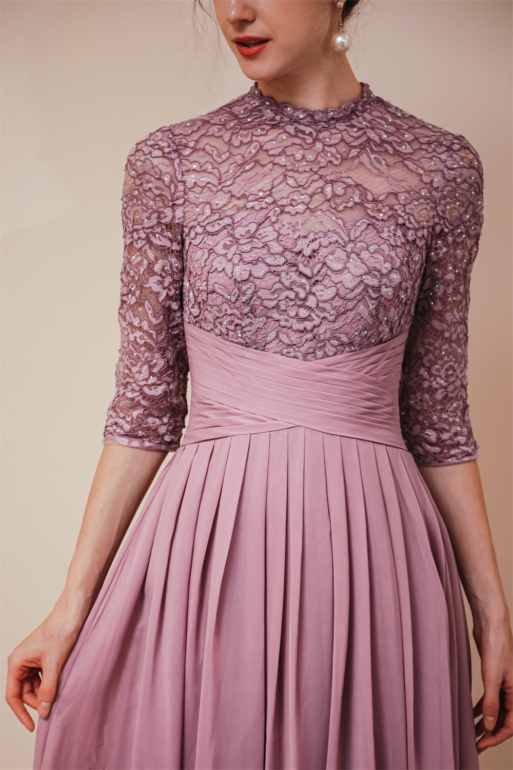 Elegant Violet 3/4 sleeves High waist Beaded Lace Chiffon Evening Dress, Violet / US2