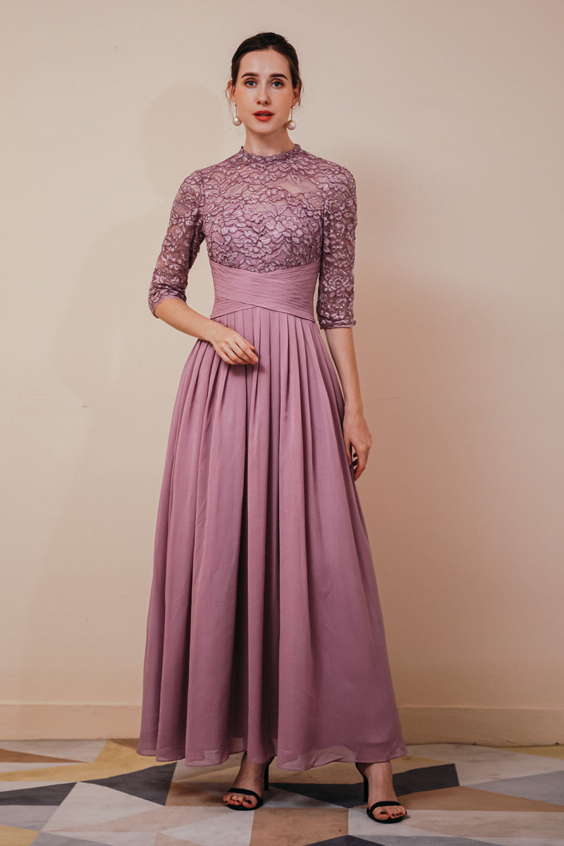 Elegant Violet 3/4 sleeves High waist Beaded Lace Chiffon Evening Dress, Violet / US2 Elegant Violet 3/4 sleeves High waist Beaded Lace Chiffon Evening Dress, Violet / US2