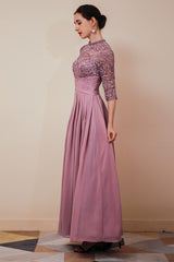 Elegant Violet 3/4 sleeves High waist Beaded Lace Chiffon Evening Dress-Ballbella