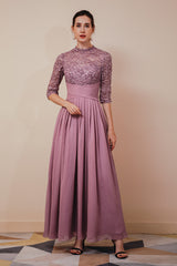 Elegant Violet 3/4 sleeves High waist Beaded Lace Chiffon Evening Dress-Ballbella