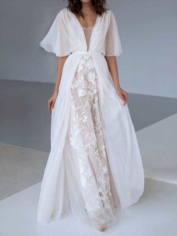 Elegant Wedding Dresses V Neck Half Sleeves Backless Lace Bridal Gown-Ballbella