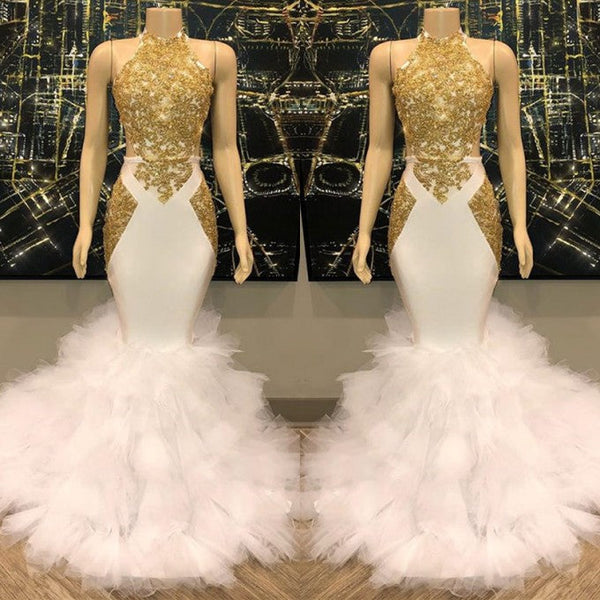 Elegant White And Gold Mermaid Prom Dress Sequins High Collar Chiffon Long-Ballbella