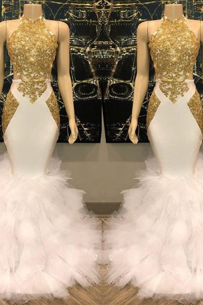 Elegant White and Gold Mermaid Prom Dress Sequins High Collar Chiffon Long