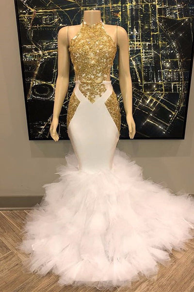 Elegant White And Gold Mermaid Prom Dress Sequins High Collar